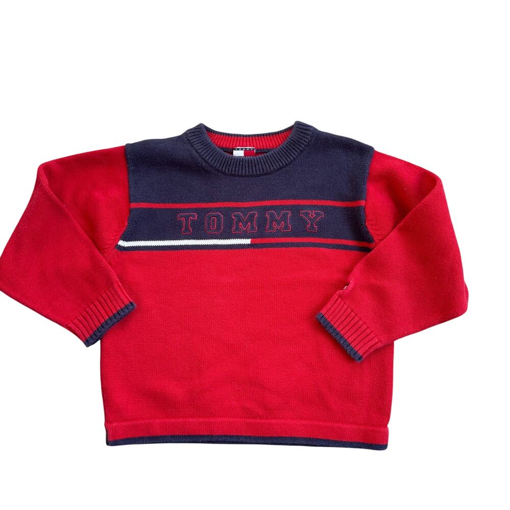 Vtg Tommy Hilfiger Jeans Classic Red/Navy Logo Crew Neck Sweater Boy's Sz 4T